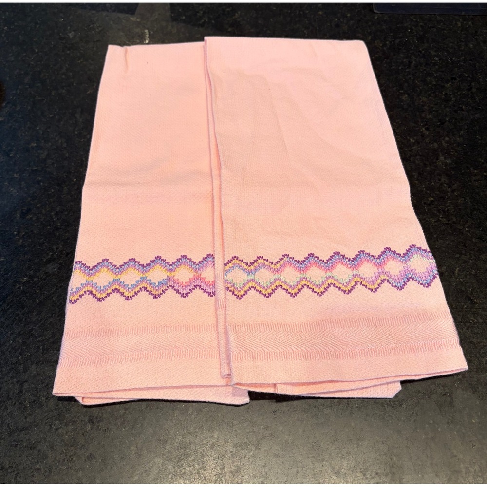 vintage huck weave tea towels Swedish weaving embroidery pink, set of 2